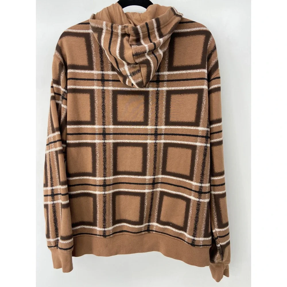 Jordan Hoodie Mens Medium Brown Plaid Essentials Fleece Jumpman Basketball